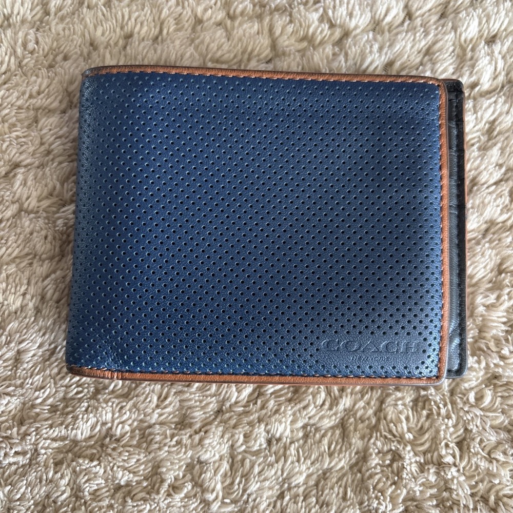 Coach 3-In-1 Billfold Wallet Mens Navy Blue  Embossed Leather ID